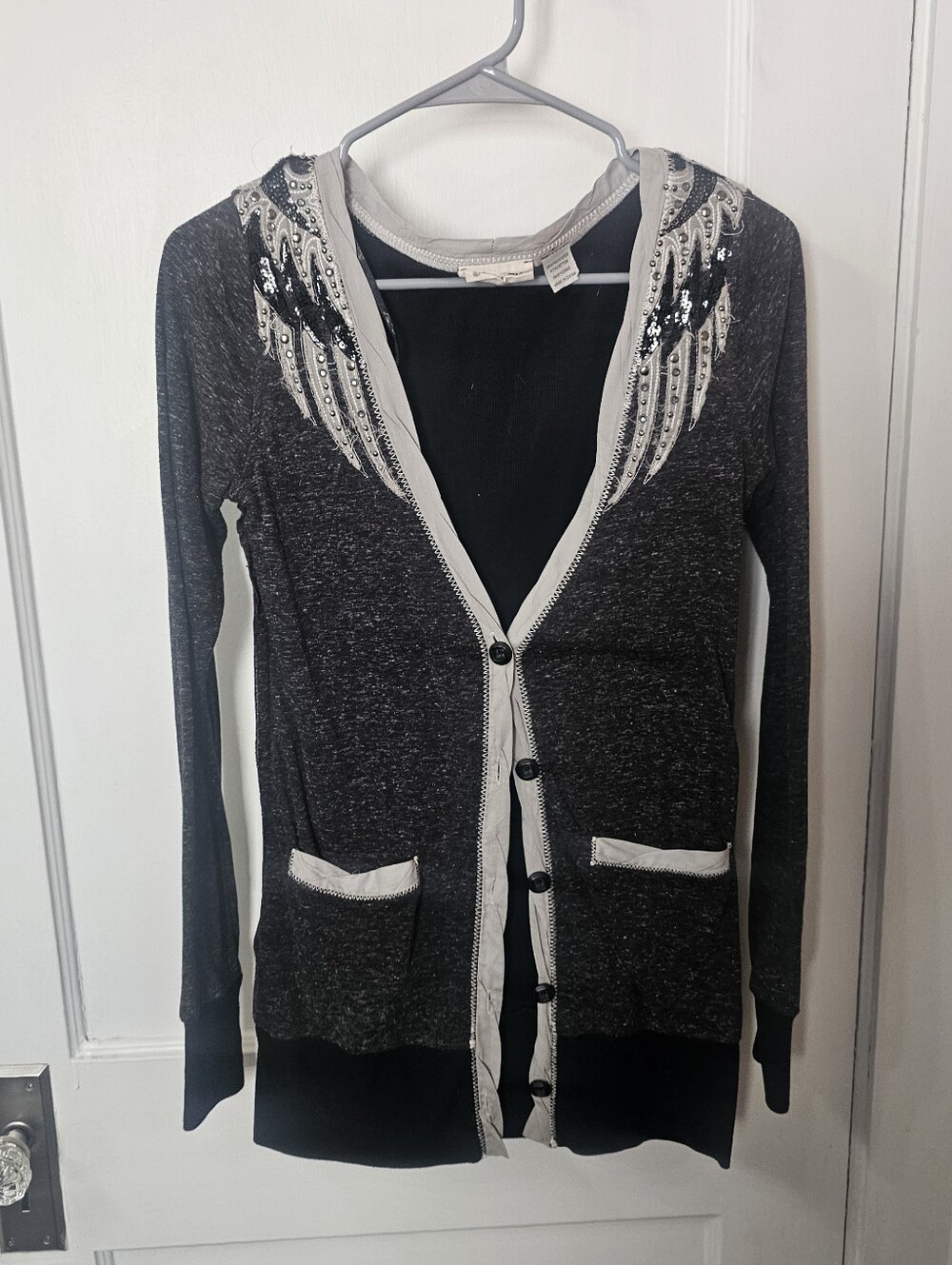 Miss Me Gray Embellished Button Up Light Weight Sweater Sz Small